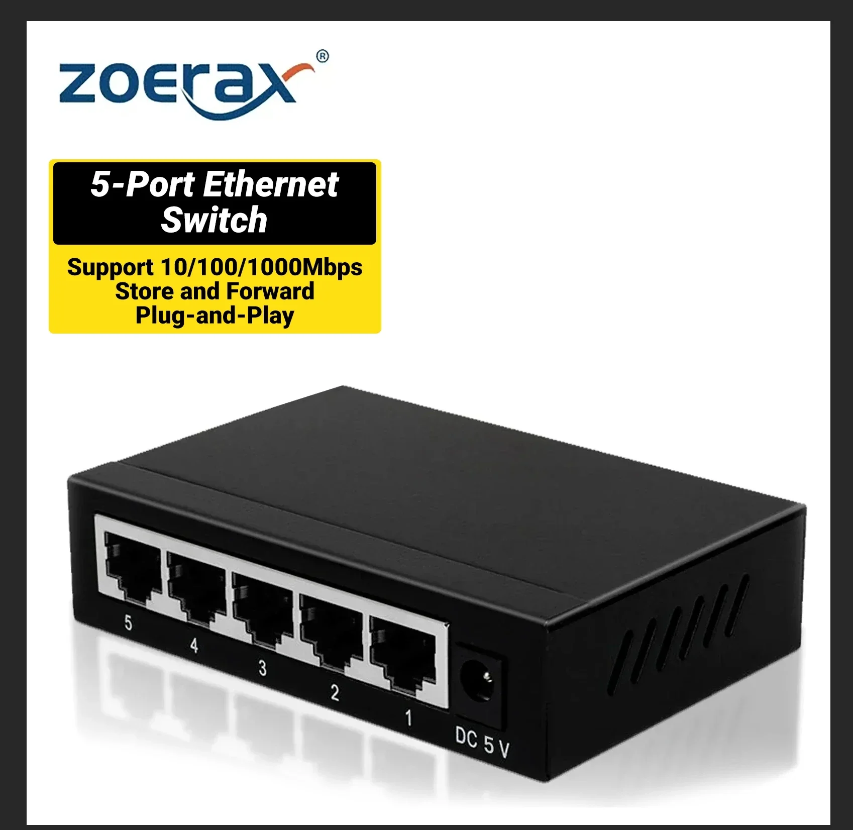 

ZoeRax 5-портовый гигабитный Ethernet-коммутатор 10/100/1000 Мбит/с, разветвитель LAN RJ45, высокоскоростной стабильный сетевой хаб для домашнего офиса и IP-камер