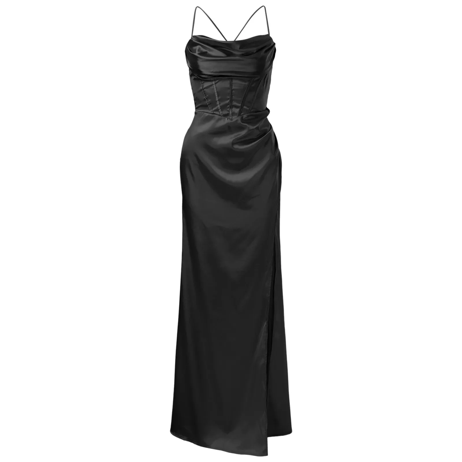 Robe corset en satin à bretelles spaghetti pour femmes, robes de soirée, arête de poisson éducative, push-up, élégante, batterie, longue robe de soirée