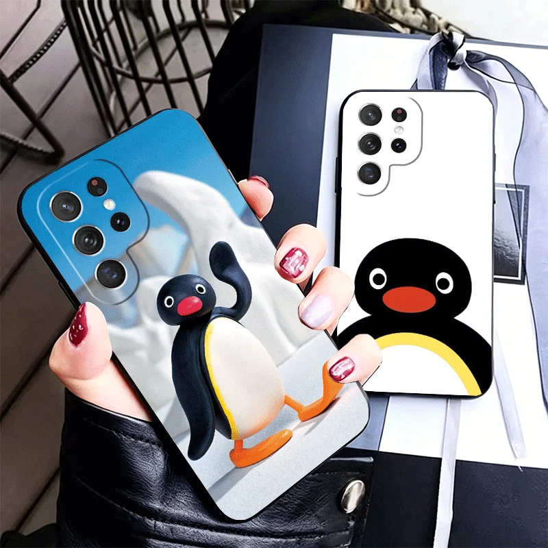 Cartoon P-Pingus Penguin Silicone Phone Case for Samsung Galaxy S24 S26 Ultra S25 Edge S23 Plus S22 + S21 S20 FE 5G Black Soft C