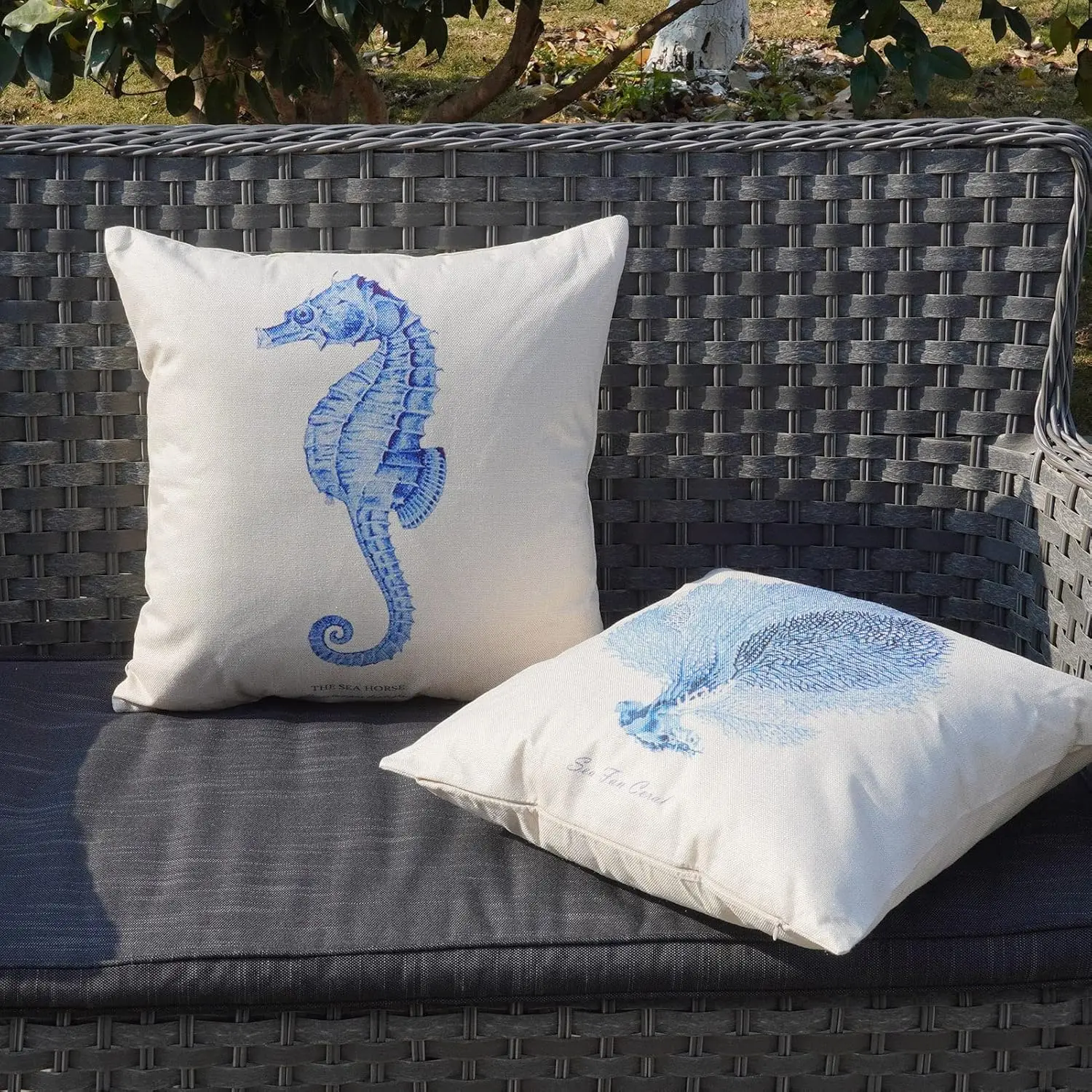 Ocean Park Linen Decorative Pillow Case Square Shape Ocean Beach Sea Print Seahorse Travel Blue