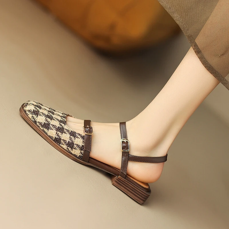 Concise Women Sandals Cotton Fabric Shoes for Women 2023 Summer Lattice Women Shoes Square Toe Low Heel Women Mary Janes Shoes