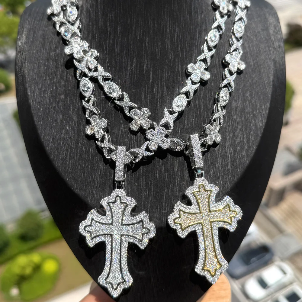 New Iced Out Bling Two Tone Color Cross Pendant Solid 7mm Round Bead Necklace Hip Hop Full Cubic Zirconia Men's Rock Jewelry