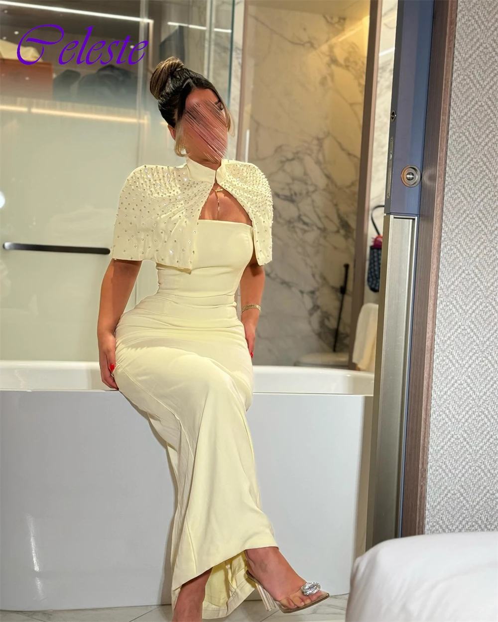 カスタマイズされたハイネックジャージストレートイブニングドレス絶妙なショールパーティードレス繊細なクリスタル特別な日のドレス