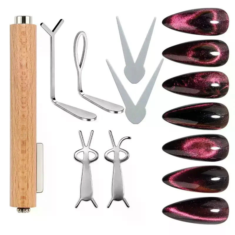 7Pcs Nail Art Magnetic Stick Cat Eye Magnetic Ball Wooden Handle Cylindrical UV Gel Magnet Tools Double End Nail Design Tools