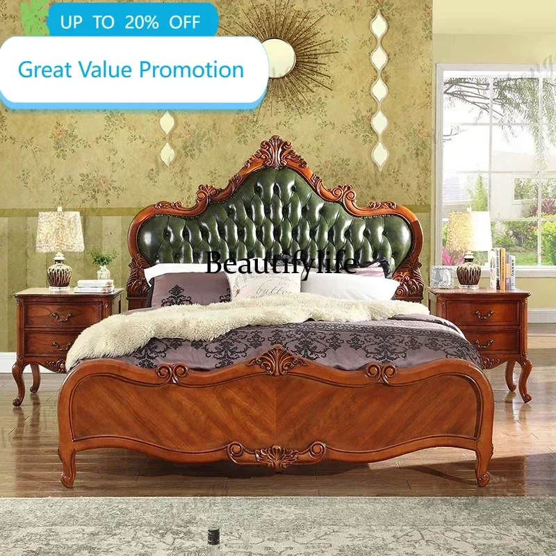 D80 180x200cm luxury American solid wood leatherbed European carved retro double wedding bed oakbed carved leather bedroom