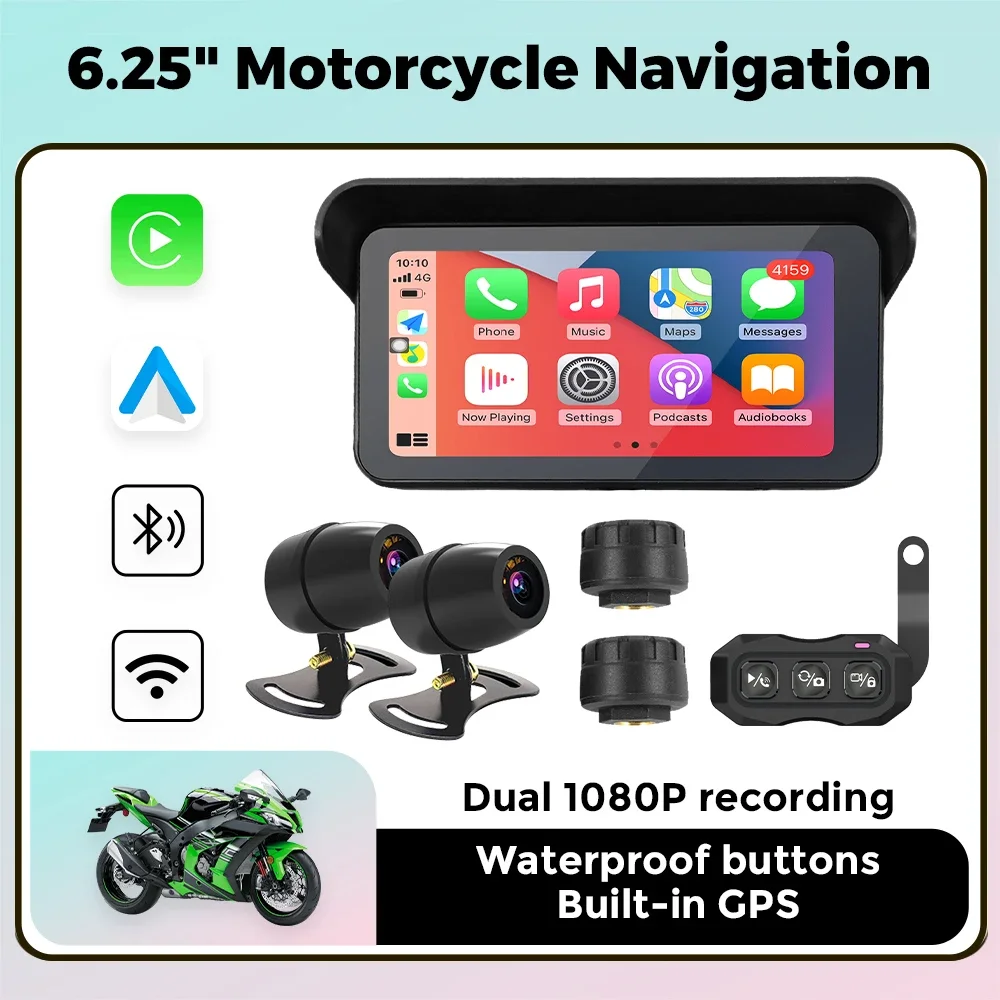 Portable 6.25 Inch Carplay Motorcycle GPS Navigation IP67 Waterproof Wireless Android Auto Moto Monitor Dual Camera Option Tpms