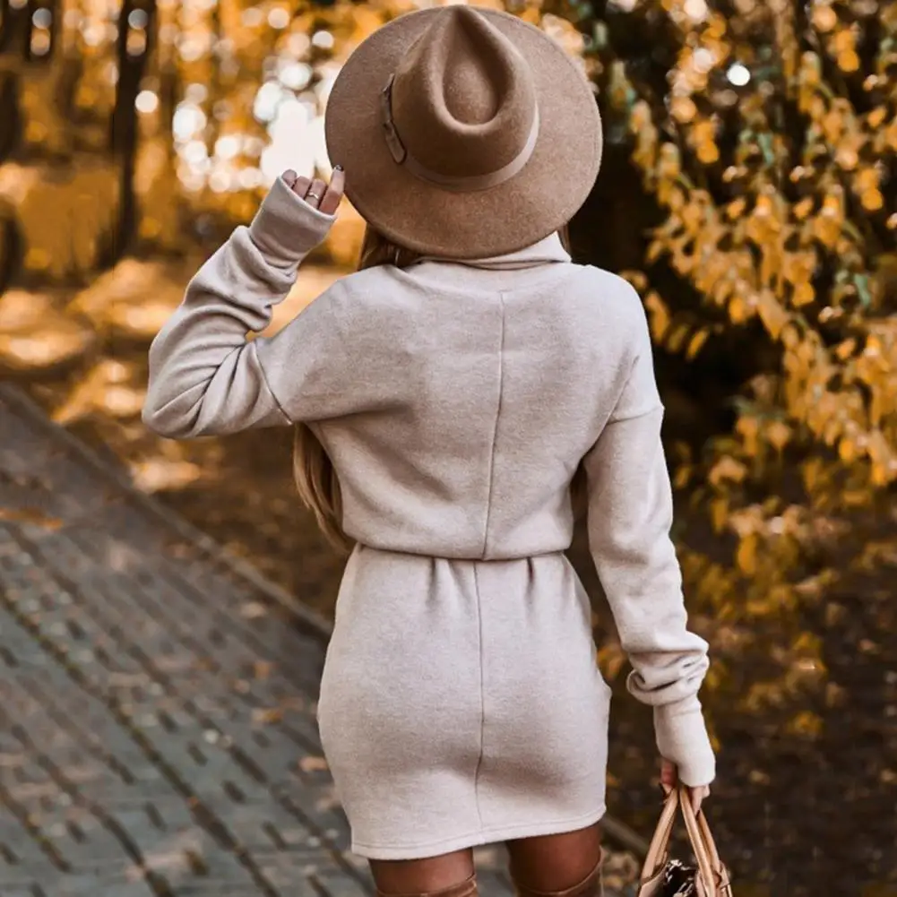 Осенне-зимнее женское платье, элегантное мини-платье на шнуровке с высокой талией для осени и зимы, женское облегающее длинное платье-футляр с высоким воротником