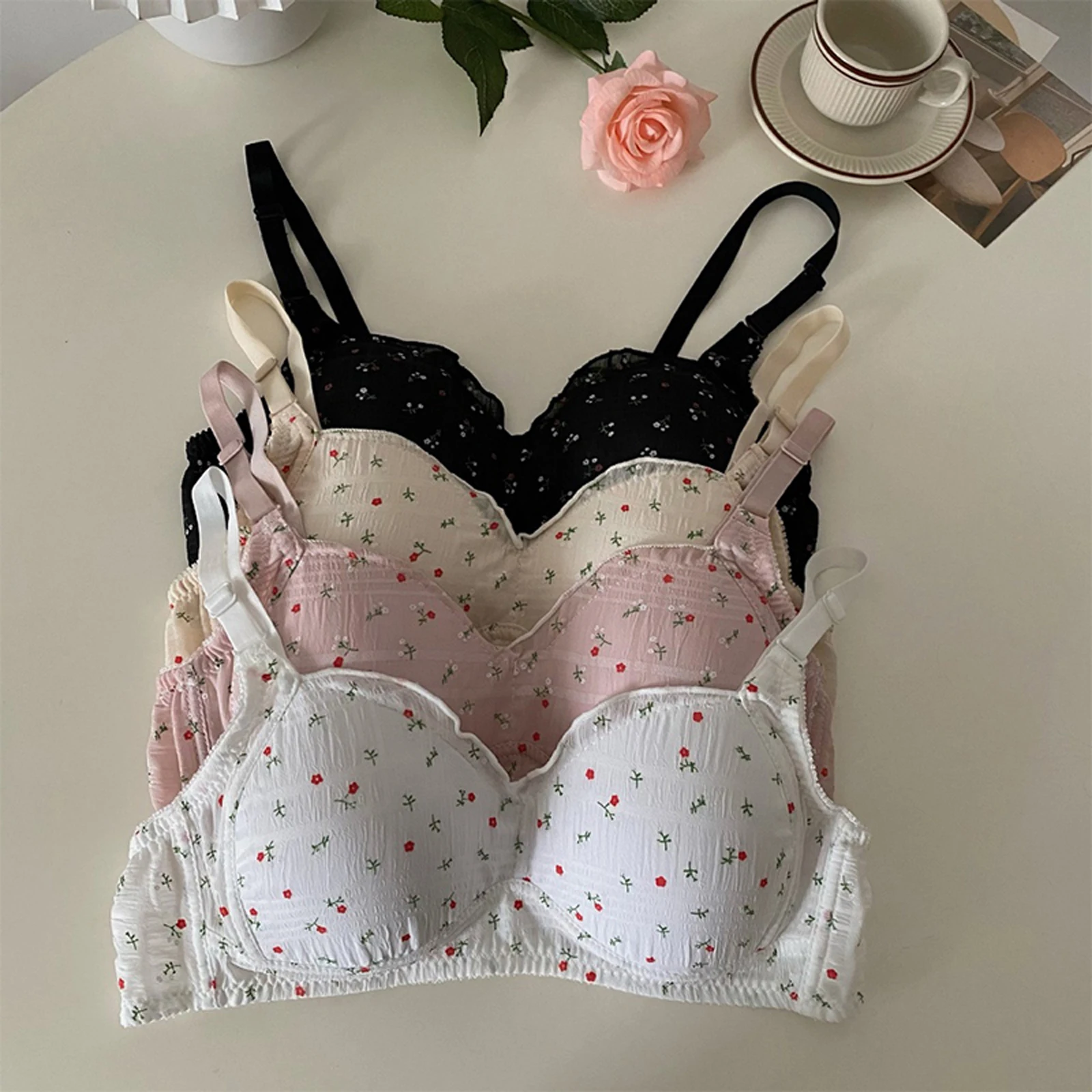 Underwear Cup Floral Print Cute Sweet Bra Aesthetic Panties Women Lingerie