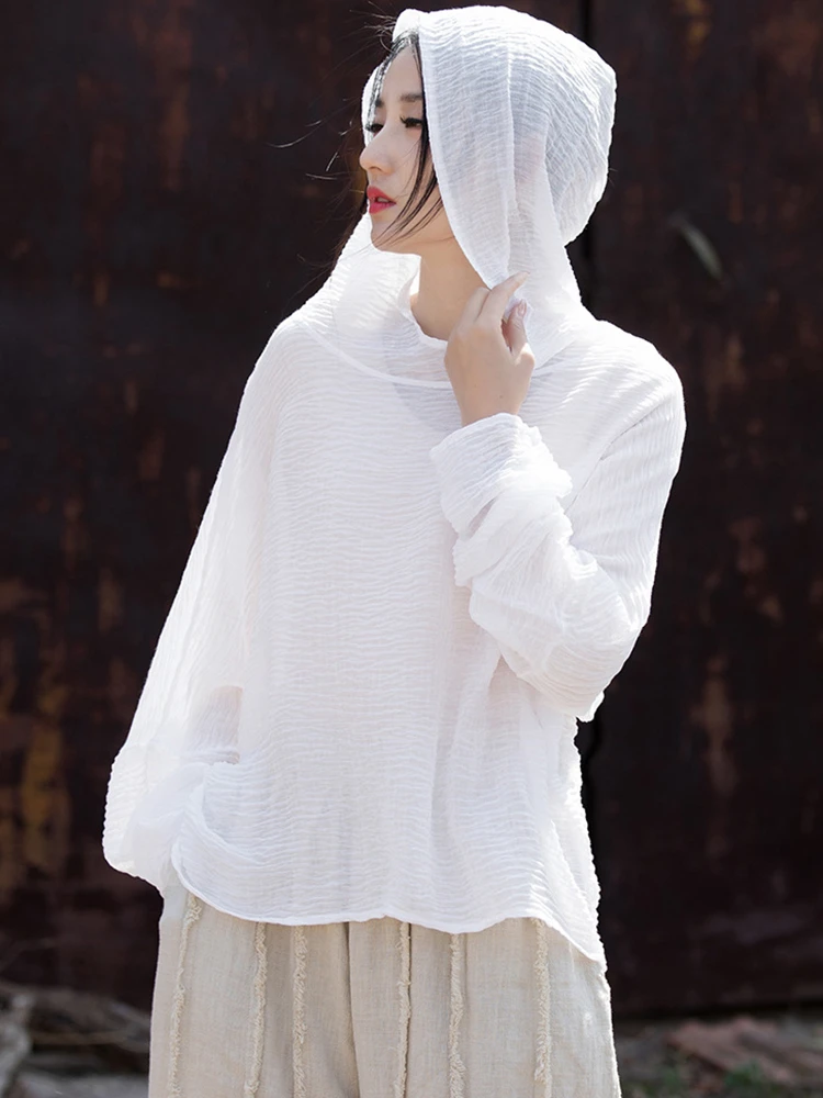 Women Long Sleeve Hooded T-shirts New 2025 Spring Vintage Style Solid Color Loose Female Casual Sun Protection Tops Tees M639