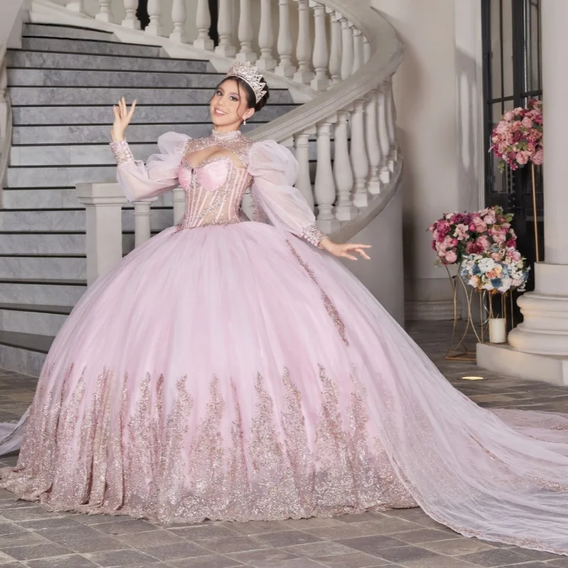 Vestido rosa para quinceañeras con hombros descubiertos, calcomanía de cristal brillante, cola larga, vestidos de 15 quinceañera ﻿ Personalizado