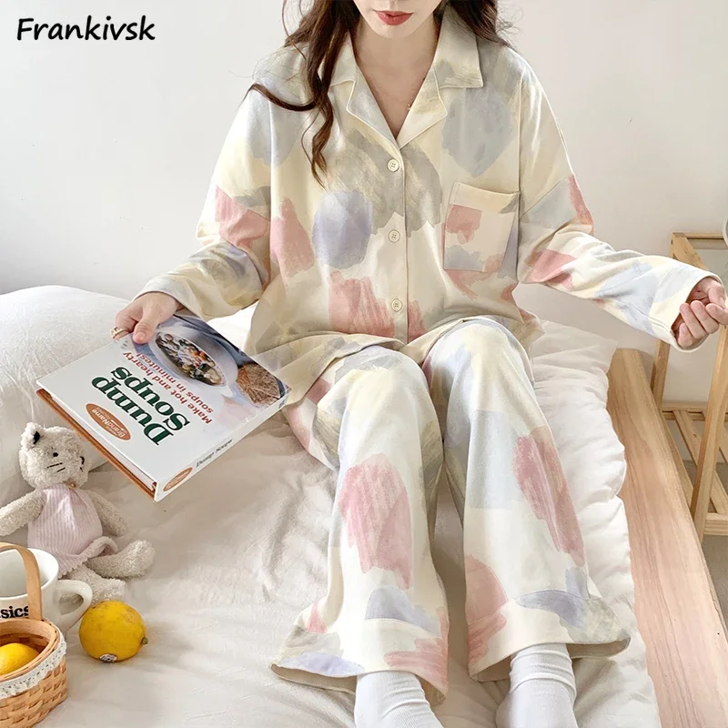 Painted Pajama Sets Women Loose Sweet Exquisite Temperament Pocket Spring Comfortable Long Sleeve Lounge Sleepwear Versatile