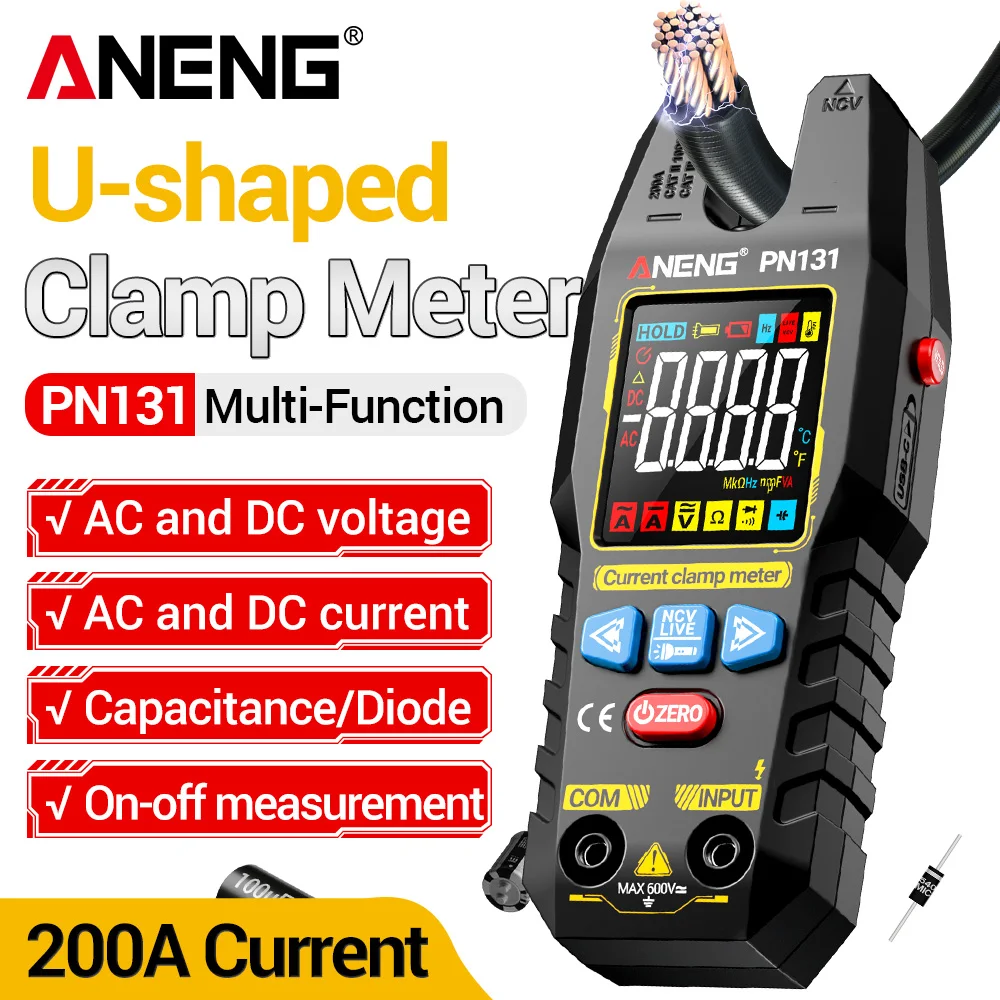 

ANENG PN131 4000 измерений, полностью автоматический измеритель напряжения, тока и емкости переменного/постоянного тока с зарядкой USB-C, клещи-тестер для электриков