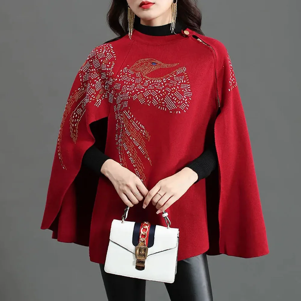 Women Shawl Batwing Sleeve Poncho Sweater Winter Knitted Cashmere Cloak Eagle Pattern Handmade Bead Sequin Embroidered Cape Coat