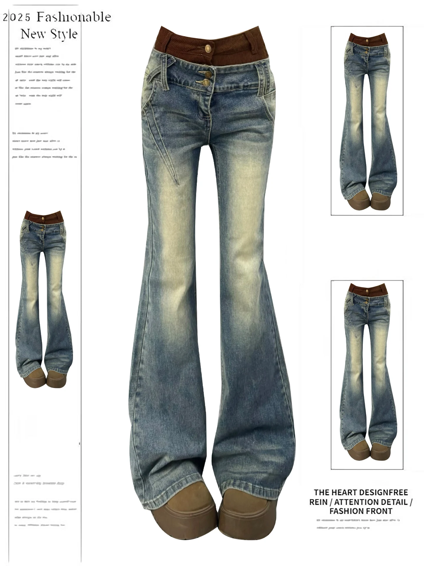 

Retro American Spliced Bell Bot Jeans Women's Autumn Winter Design Double Waist Head Fake Two-Piece Pants Sexy Bell Pants