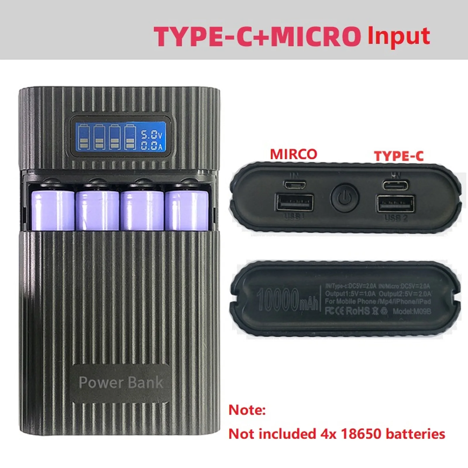 Caso Banco De Potência Com Display Digital, 4*18650 Caixa De Armazenamento De Carga Da Bateria, 5V, Dual USB, Caso De Carregamento para Telefones Inteligentes, Titular Da Bateria, DIY