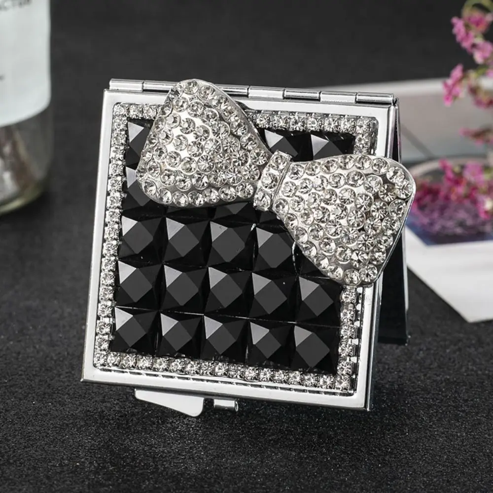 Metal Square Mirror Mini Rhinestone Decor Rose Portable Mirror Cute Bowknot Pocket Mirror Students