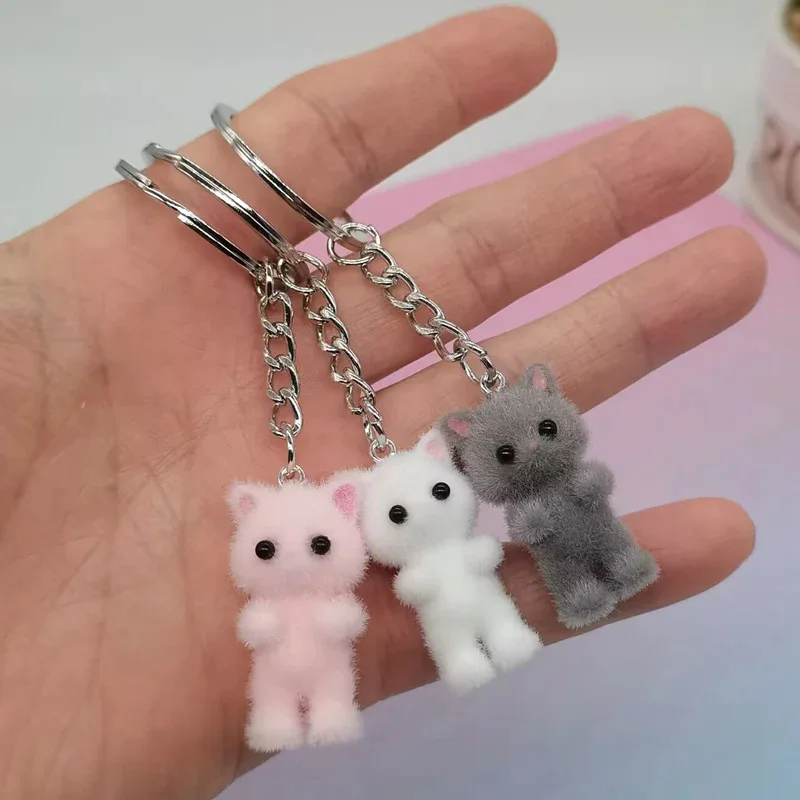 3D 만화 플로킹 고양이 키 체인, 귀여운 퍼지 키티 고양이 하트 활 키 체인, 카와이 주얼리 선물, 여성용 자동차 키 DIY 주얼리