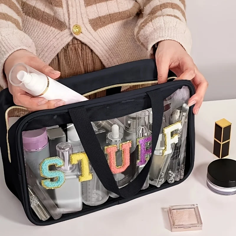 Toiletry Storage Bags, Large Capacity Travel Cosmetic Organizers, Chenille Letter Cosmetic Bags, Transparent Makeup Pouches