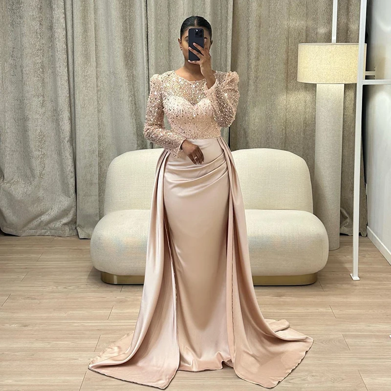 

Thinyfull Formal Mermaid Prom Dresses Long Sleeve Seuqines Evening Dress Champagne Satin Cocktail Party Prom Gowns Custom Size