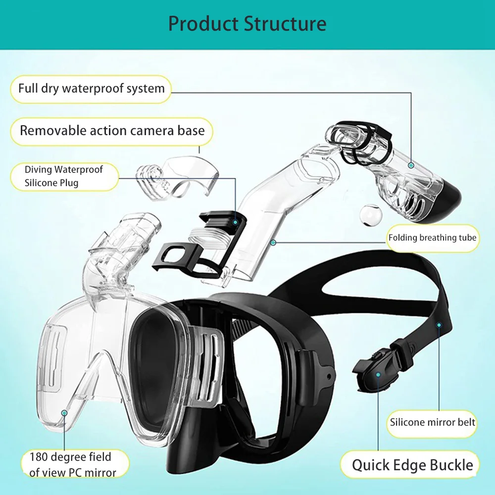 Schnorchelmaske 180 ° Panoramisches, beschlagfreies, faltbares Schnorchelventil mit Anti-Wasser-Eintrink-Schutz und ergonomischer Abdichtung für Tauchen und Freitauchen – Detail 4
