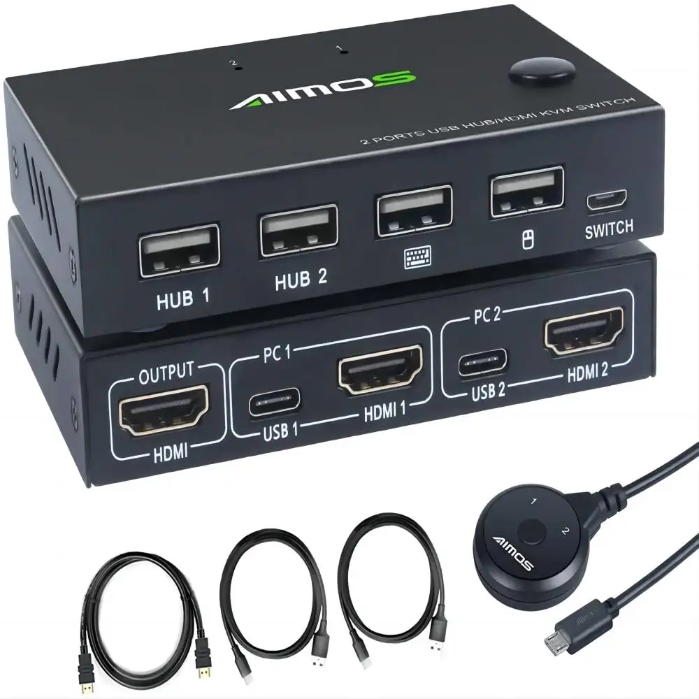 

2 In 1 Out USB HDMI KVM Switch, Aimos 2 Port KVM Switcher 4K,for 2 Computers Share HD Monitor Keyboard Mouse,USB Swltch Splitter