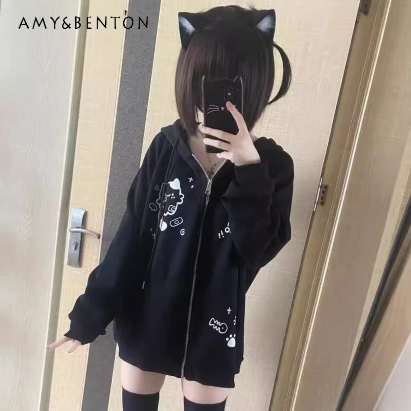 

Autumn and Winter Japanese Jk Two-dimensional Cute Cartoon Cat Gray Hooded Long-Sleeved Zipper Cardigan Sweater Jacket For Women