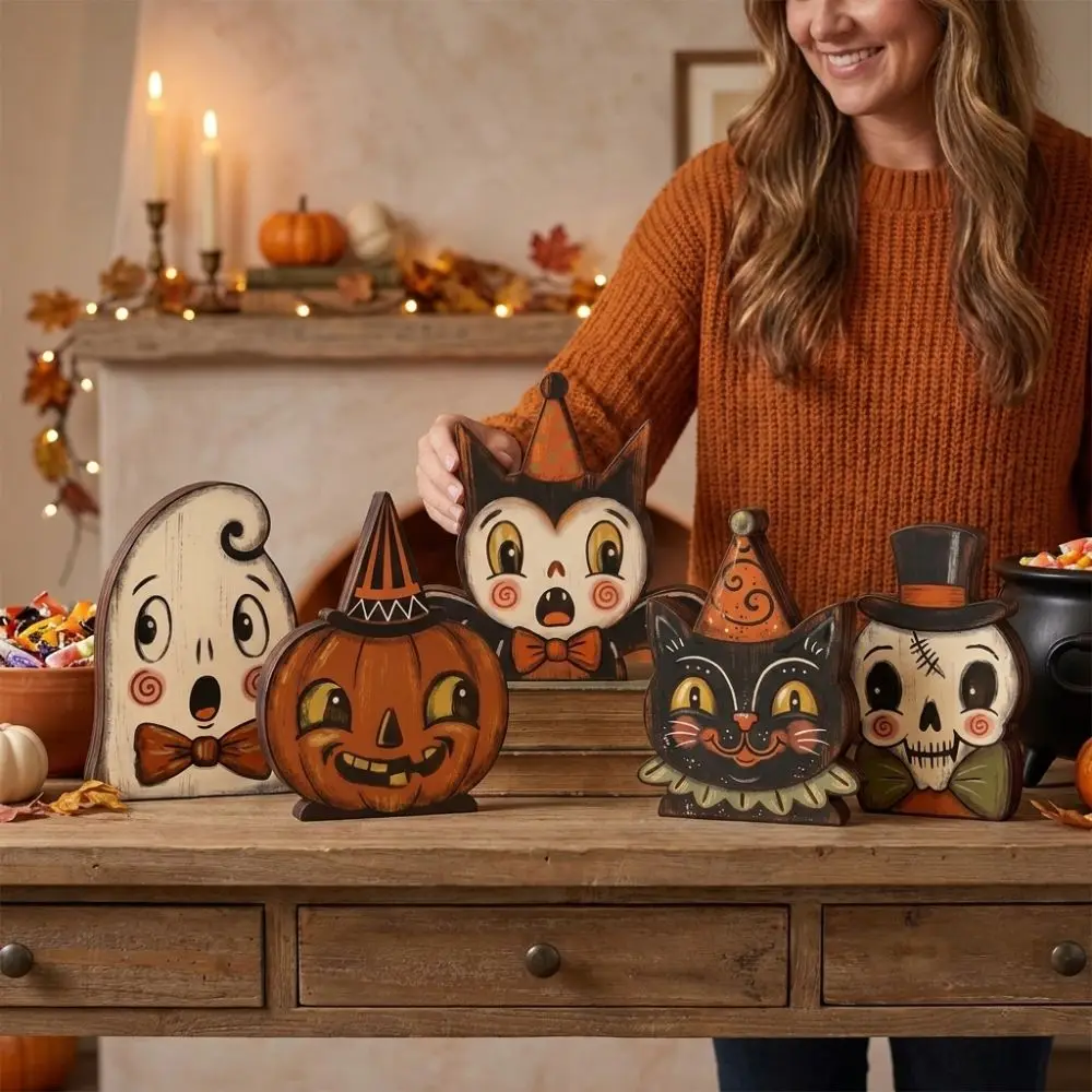 Cartoon Halloween Wooden Tabletop Sign Double Sided Pattern Hand Painted Ghost Pumpkin Owl Ornaments Farmhouse Style Integrated