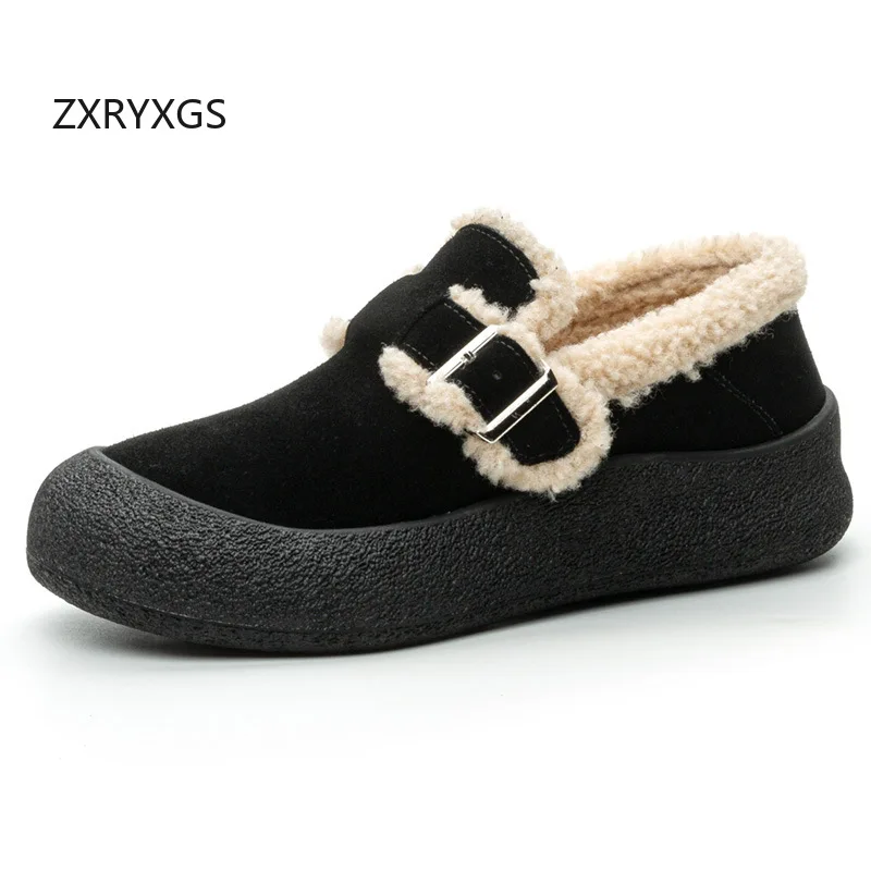 ZXRYXGS 2026 Matte Cowhide with Velvet Cotton Shoes Winter Sneakers Flat Thick Sole Trend Shoes Women's Snow Shoes Plus Size 43