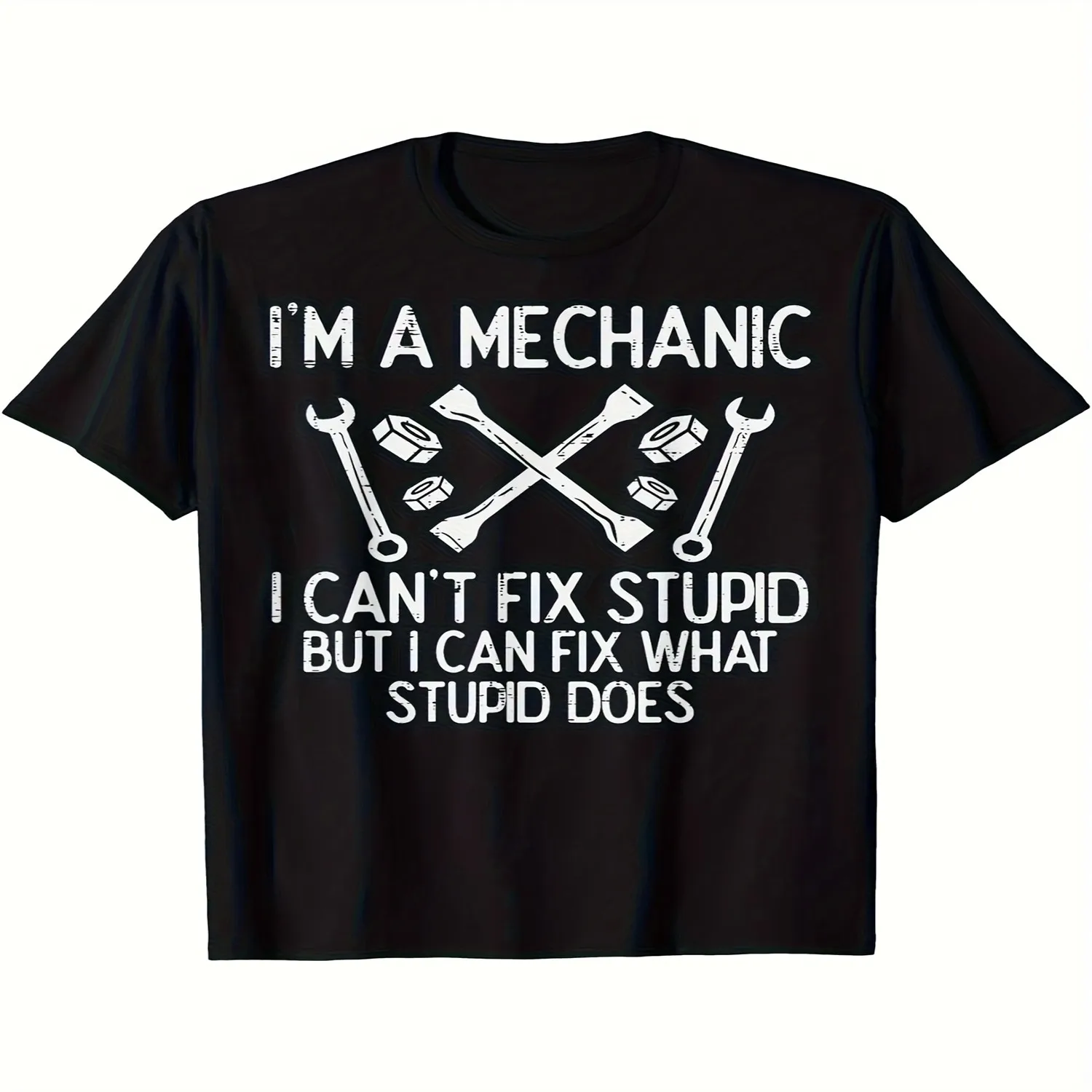 Funny 'I'm a Mechanic, I Can't Fix Stupid' Men's T-Shirt - Black Cotton Regular-Fit with Wrench Graphics, Casual Auto Garage Humor Tee for All Seasons, Car T Shirts Same style for men and women 2 Men Graphic Tee, Weekend Casual Top