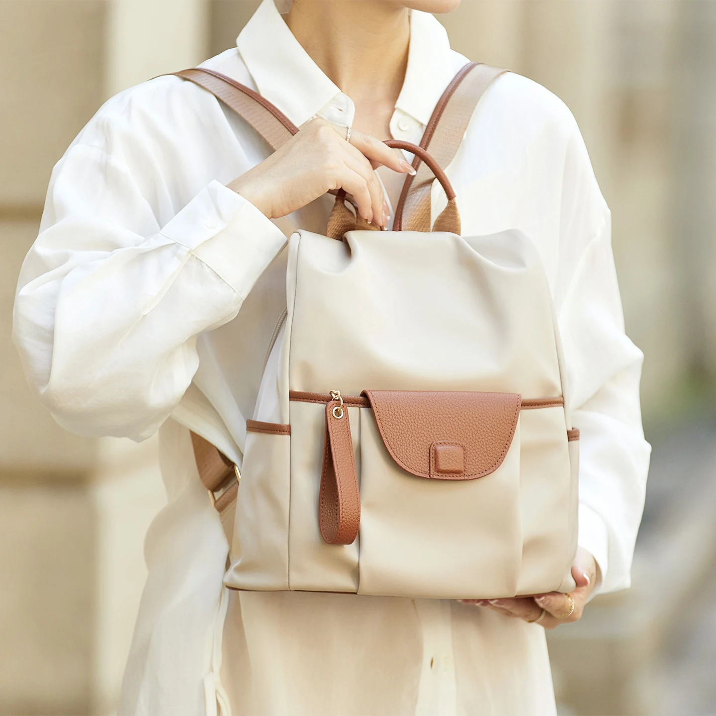 New Oxford &Leather Female Aesthetic Backpack Large Roomy Luxury Designer for Girls Women Travel Backpacks Light Weight - JH629