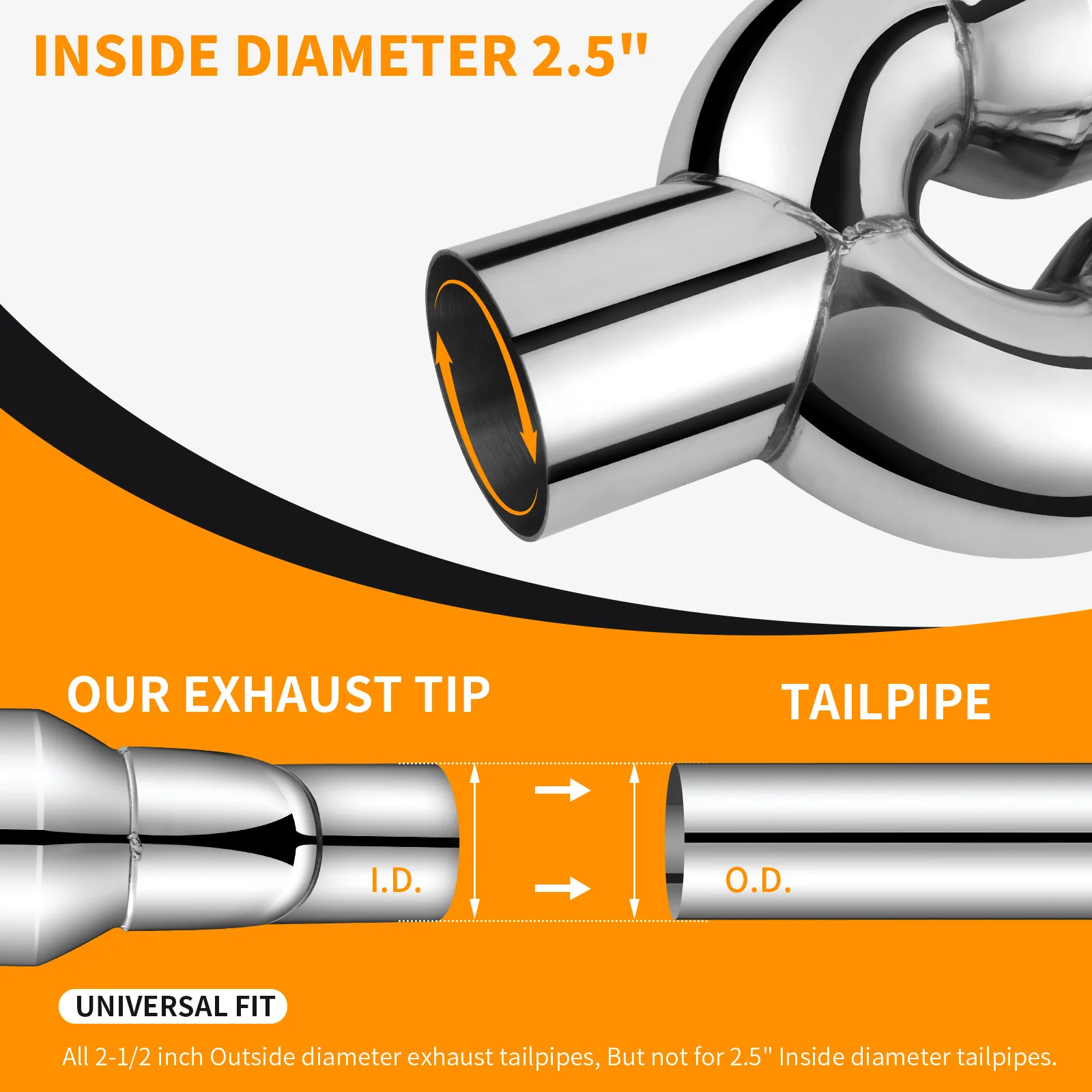Punta di scarico doppia bolt-on lunga da 2,5" in 3,5'' fuori 9,5" Estremità quadrata arrotolata Un cambio Due punte per tubo di scappamento piegato con taglio a doppio bordo