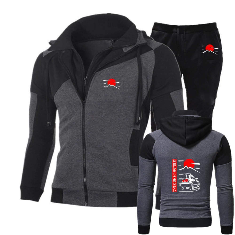 

Japanese Style Car JDM Culture GTR Racing 2025 Spring Autumn Men's Diagonal Zipper Hoodies+Leisure Sweatpants Suit