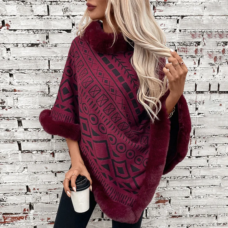 YJKDYK 2024 Winter Women\'s Fur Collar Splicing Pullover Knitted Cape Female Geometric Pattern Loose Casual Sweater Shawl Top