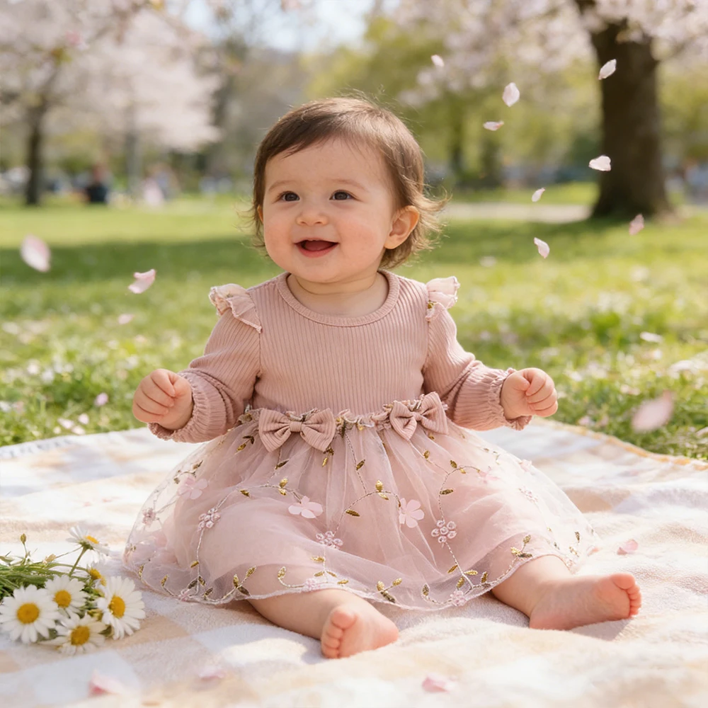 

Платья из сетчатой ткани с цветочным узором для маленьких девочек, розовая повседневная уличная одежда для малышей, платье принцессы, детское платье с бантом и длинными рукавами для девочек 0-3 лет