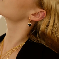 Brass With 18K Gold Black Stone Heart Dropping Earrings Women Jewelry Punk Party Gown Runway Rare Korean Japan Boho Hiphop