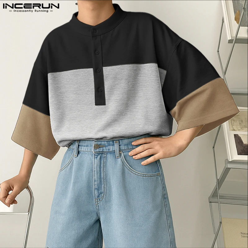 

INCERUN Men Shirt Patchwork 3/4 Sleeve Loose Color-block Casual Men Clothing Korean Style Streetwear Fashion Male Shirts S-5XL