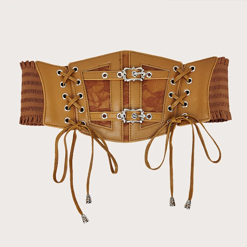 伸縮性のあるプラスサイズのレースコルセットベルト、女性用ワイドストレッチカマーバンド、女性用ゴスパンクドレスコルセットベルト、ブラウンホワイトウエストバンド