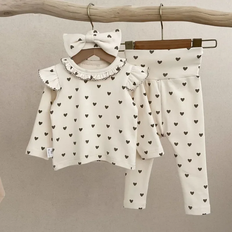

2025 Spring Baby Girl Clothes Herat P[rinted 3PCS Infant Long Sleeve Top+Pant+headband Set Newborn Pajamas Toddler Girls Outfit