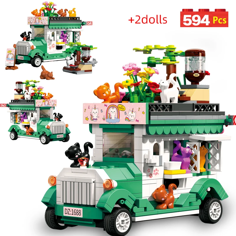 

594pcs Mini City Camping Food Flower Truck Car Building Blocks Street View Model Vehicle Friend Figures Bricks Toys For Gifts