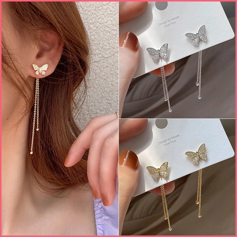 Fashion Temperament Butterfly Tassel Pendant Earrings Charm Trendy Rhinestone Moon Star Pearl Earrings For Women Jewelry Gift