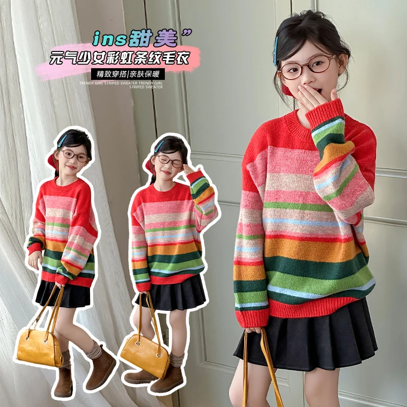 

Girls Spring Autumn Colorful Striped Sweater for Kid Fashion Korean Bottoming Shirt O-neck Princess Sweater Spell Color Knitwear