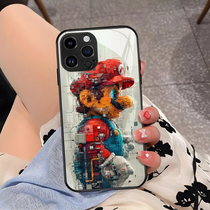 Super Mario Phone Case for IPhone 15 14 Plus 11 12 13 Pro Max Tempered Glass Back Anime Game Shockproof Y2k Soft Fashion Cover