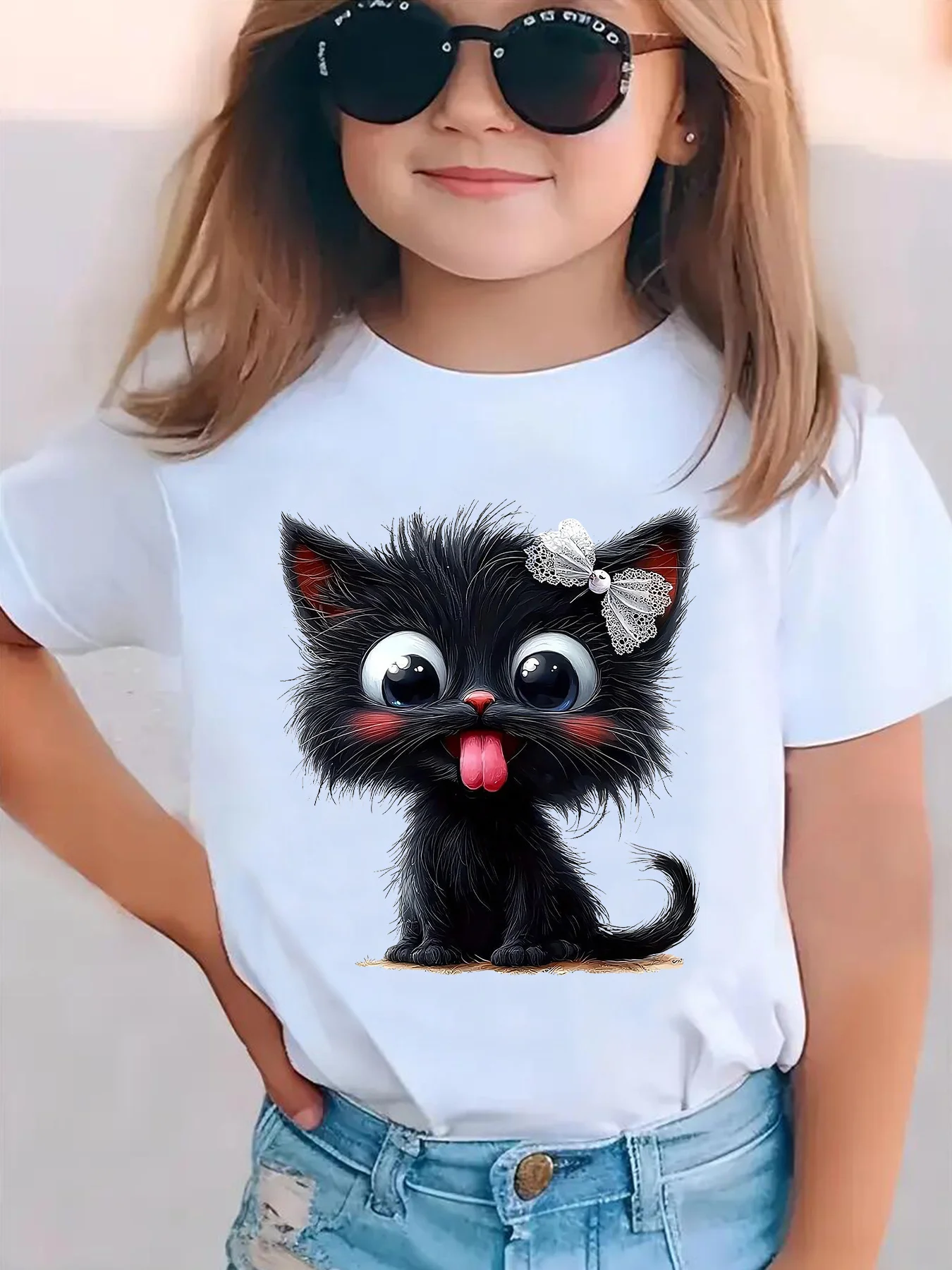 A Young Boy Wearing A Small Black Cat Print with A White Bow, Summer Street Round Neck T-shirt Casual Parent-child Outfit