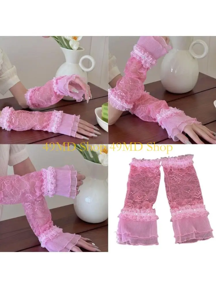 49MD Delicate Rhinestones Embroidered Gloves Soft Nylon Arm Sleeves For Daily Fashion Evening Event