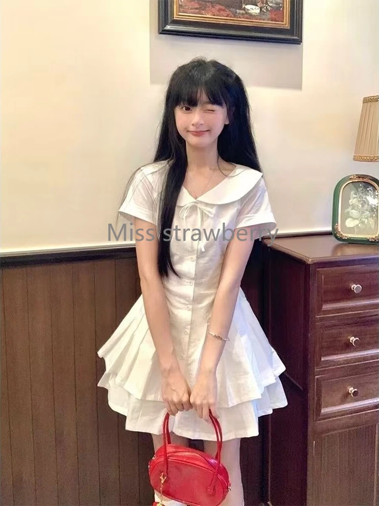 Preppy Style Vintage Slim Short Sleeve Dress Women Summer Fashion Ruffle Thin Shirt Dresses Female Chic Retro O-neck Outfits