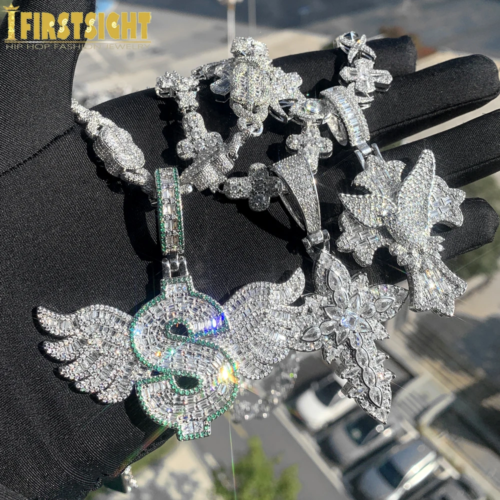 New Iced Out Bling Wing Money Pendant Necklace Silver Color Cubic Zirconia Dollar Symbol Cuban Chain Charm Men Hip Hop Jewelry