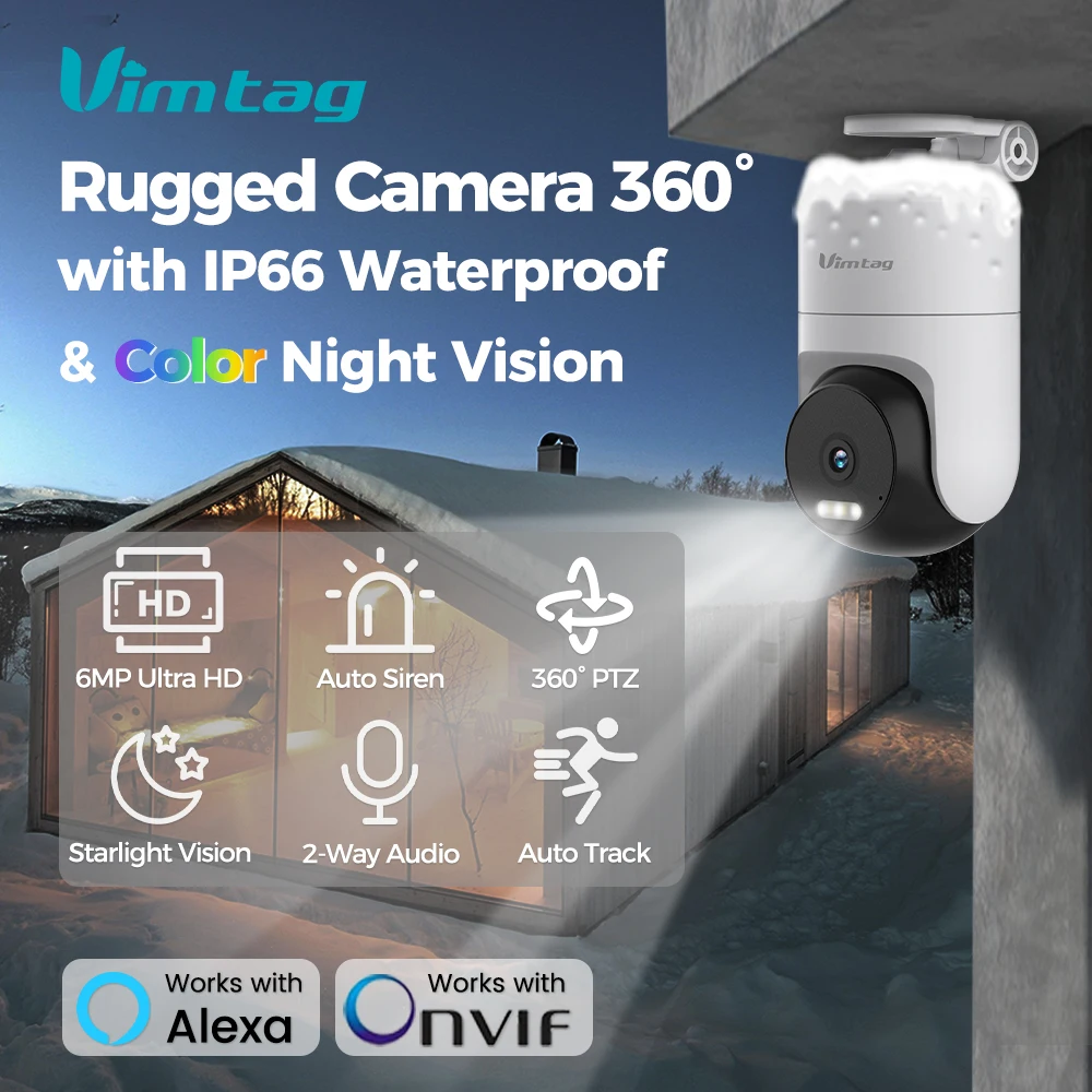 VIMTAG Camera de Segurança wifi Externa, 3.5K/6MP Full HD,CCTV Câmera 360° PTZ, Visão Noturna de cores, a prova d´água IP66, Luz inteligente PIR,rastreamento automático ,IP Câmera de vigilância Compatível com Alexa