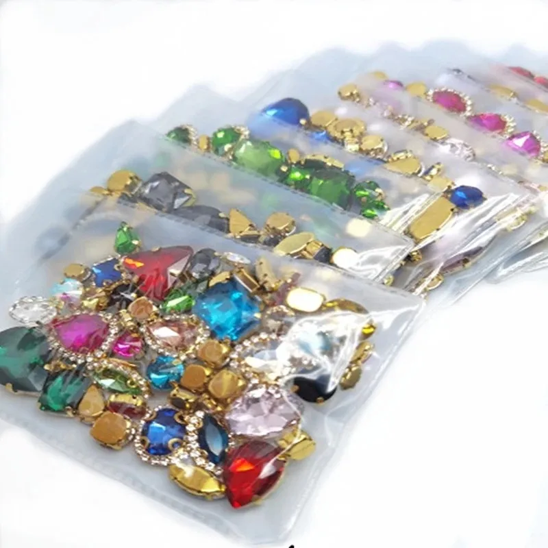 50pcs/Bag 22 Color Glitter Mixed Shape Sew on Glass Rhinestone AB Gold Claw Crystal Buckle Diy Wedding Dress Shoes Accessories