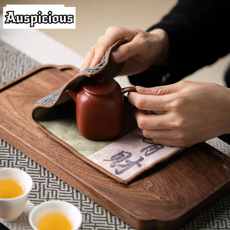Zen Suede Calligraphy Tea Towel Heat Insulated Pad Napkin Towels Water Absorption Tea Napkins Tea Cloth Cafes Accessories Craft