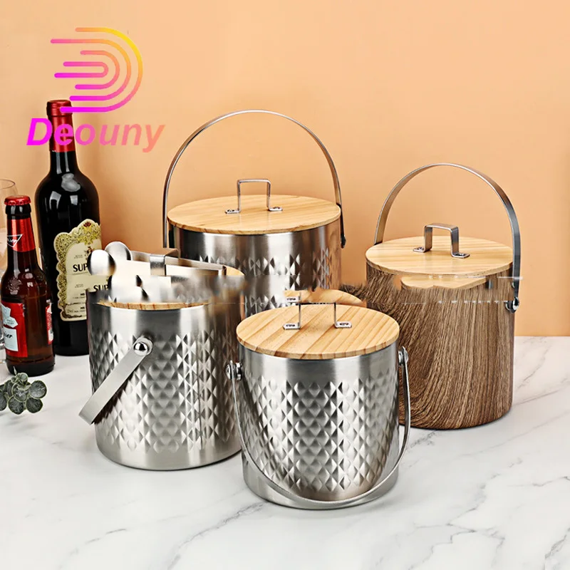 DEOUNY Double layer stainless steel wooden lid ice bucket, ice granule bar, commercial champagne beer bucket, KTV ice bucket